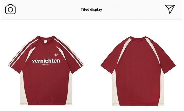 Cotton American Retro Patchwork Motorcycle Clothing Short Sleeve T-shirt