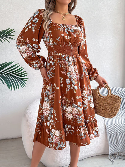 Elegant Flowers Square Collar Long Sleeve Waist Trimming Ruffles A- Line Skirt
