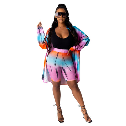 Women's Fashion Casual Contrast Color Pattern Printed Shirt Skirt Shorts Suit