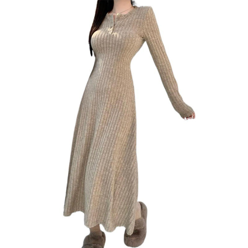 Slim-fit Temperament Pure Color Bottoming Skirt V-neck Knitted French Midi Skirt