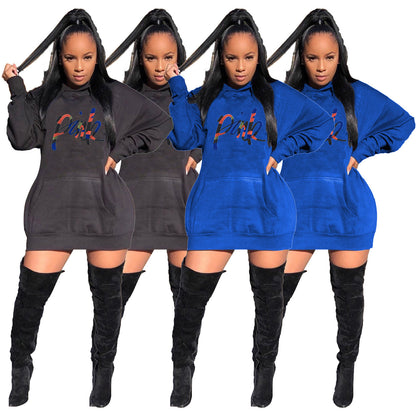 Casual Solid Color Embroidered Letter Bat Sleeve Hooded Dress
