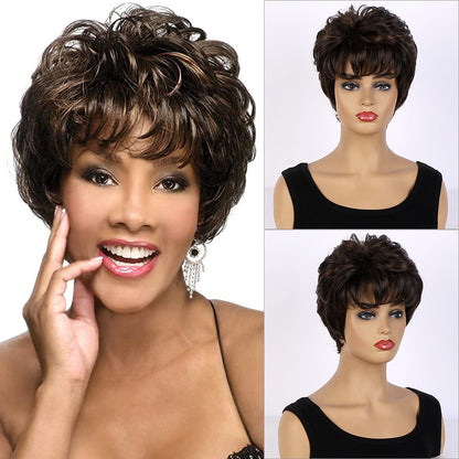 Women's Fashion Side Bangs Fluffy Pick Color Short Curly Wig Head Cover