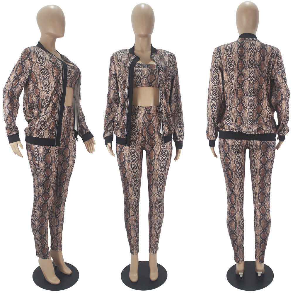 Women's Snake Print Long-sleeved Trousers Zipper Cardigan Three-piece Set