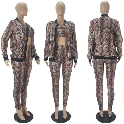 Women's Snake Print Long-sleeved Trousers Zipper Cardigan Three-piece Set