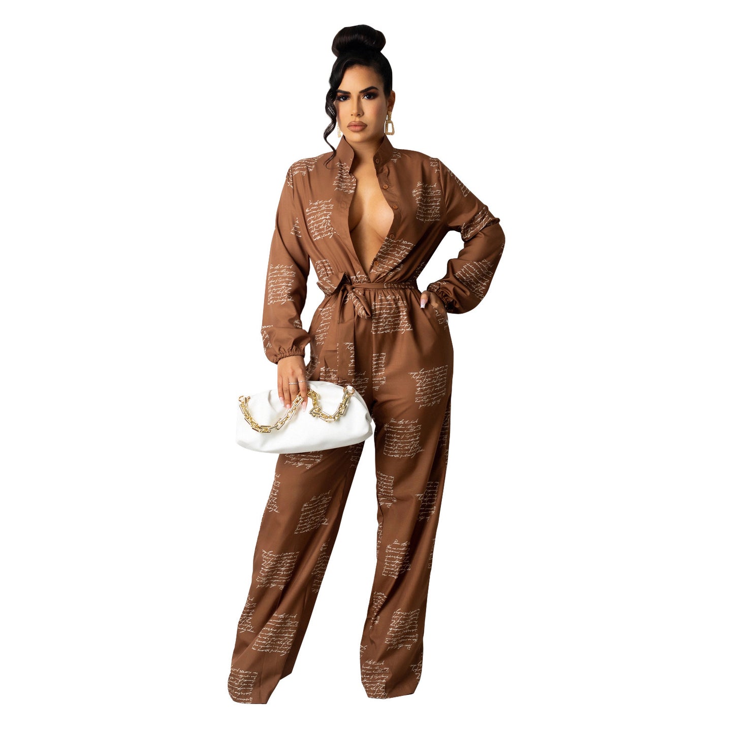 Women's Casual Fashion Loose Shirt Long Sleeve Jumpsuit