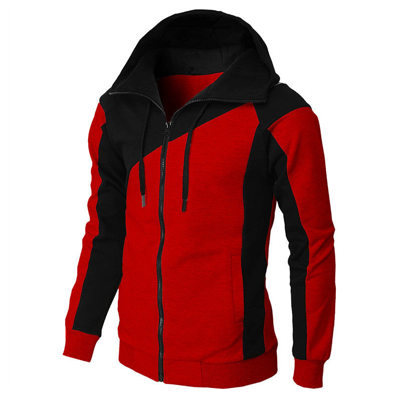 Autumn And Winter Contrast Color Zipper Coat Hooded Sweater Casual Fashion Long Sleeve Sports Men's Clothing