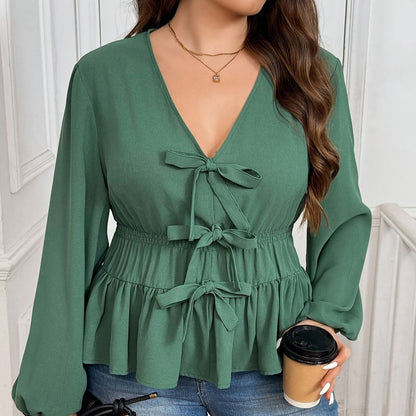 New V-neck Short Green Coat Bow Top
