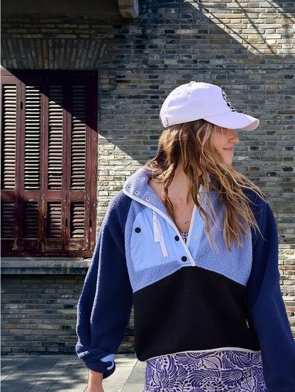 Loose Lapels Stitching Contrast Color Fleece Sweater