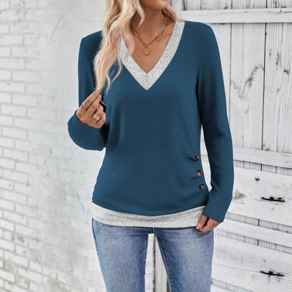 Long Sleeve V-neck Elegant Pleated Button Solid Color T-shirt Top