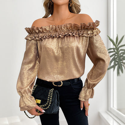 Off-shoulder Long Sleeve Golden Shirt For Women Autumn