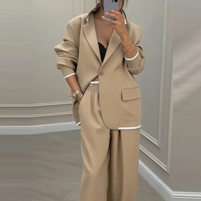 Women's Temperament Long Sleeve Jacket Casual Wide-leg Pants Suit