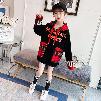 Plaid Stitching Hooded Sweater In The Big Kids Korean Letter Print Top