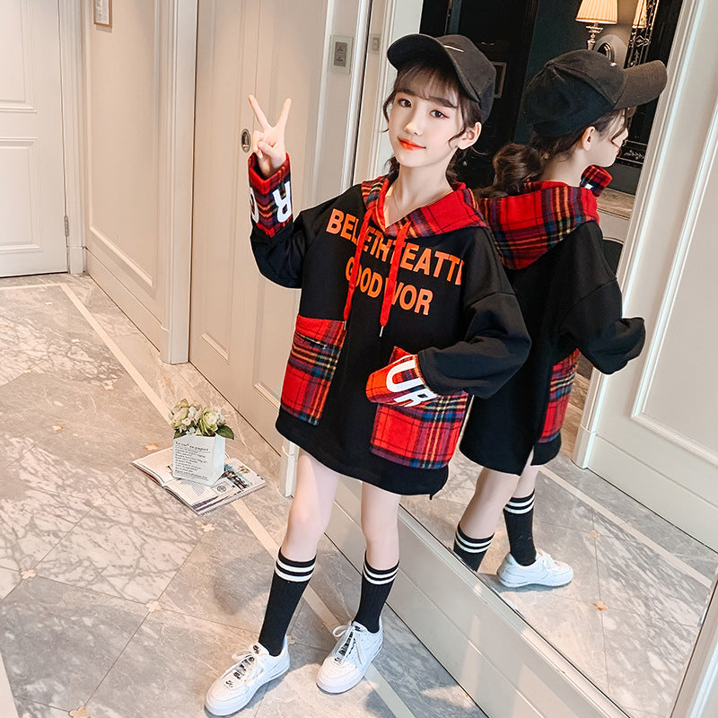 Plaid Stitching Hooded Sweater In The Big Kids Korean Letter Print Top