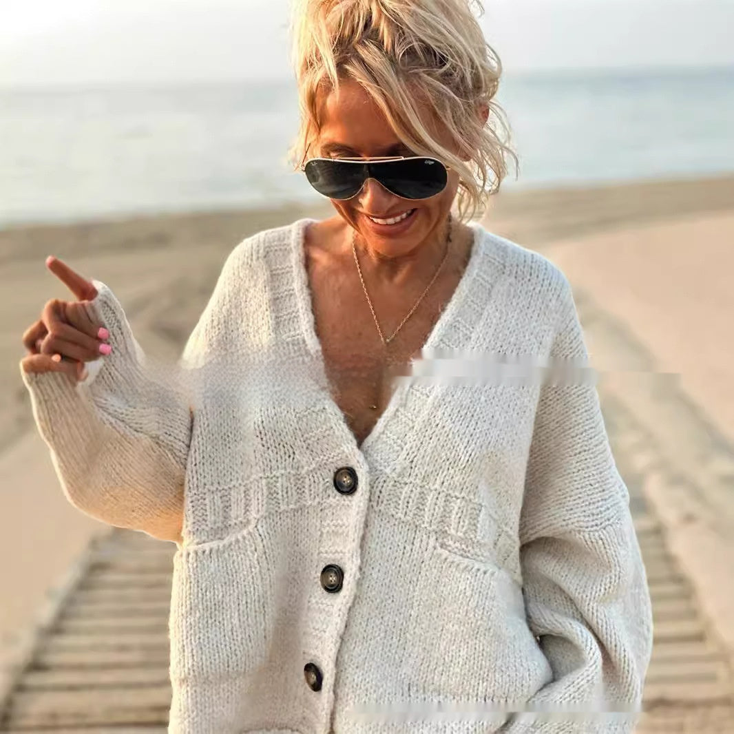 Cardigan Women Coat Long Sleeve V-neck Buttons Pocket
