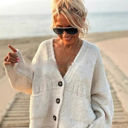 Cardigan Women Coat Long Sleeve V-neck Buttons Pocket