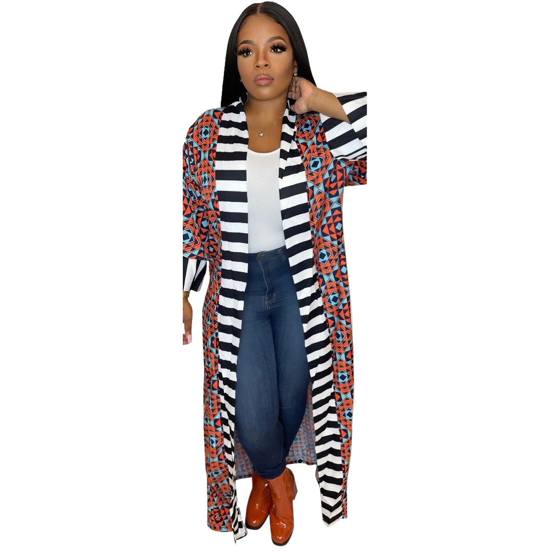 Women's Casual Fashion Striped Pattern Printed Long Sleeve Coat Dress