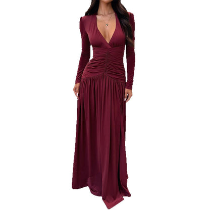 European And American Elegant Deep V Long Sleeve Skirt