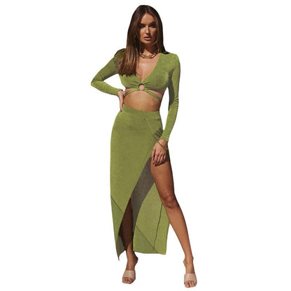 Women's Fashion Long Sleeve High Waist Skirt Casual Suit
