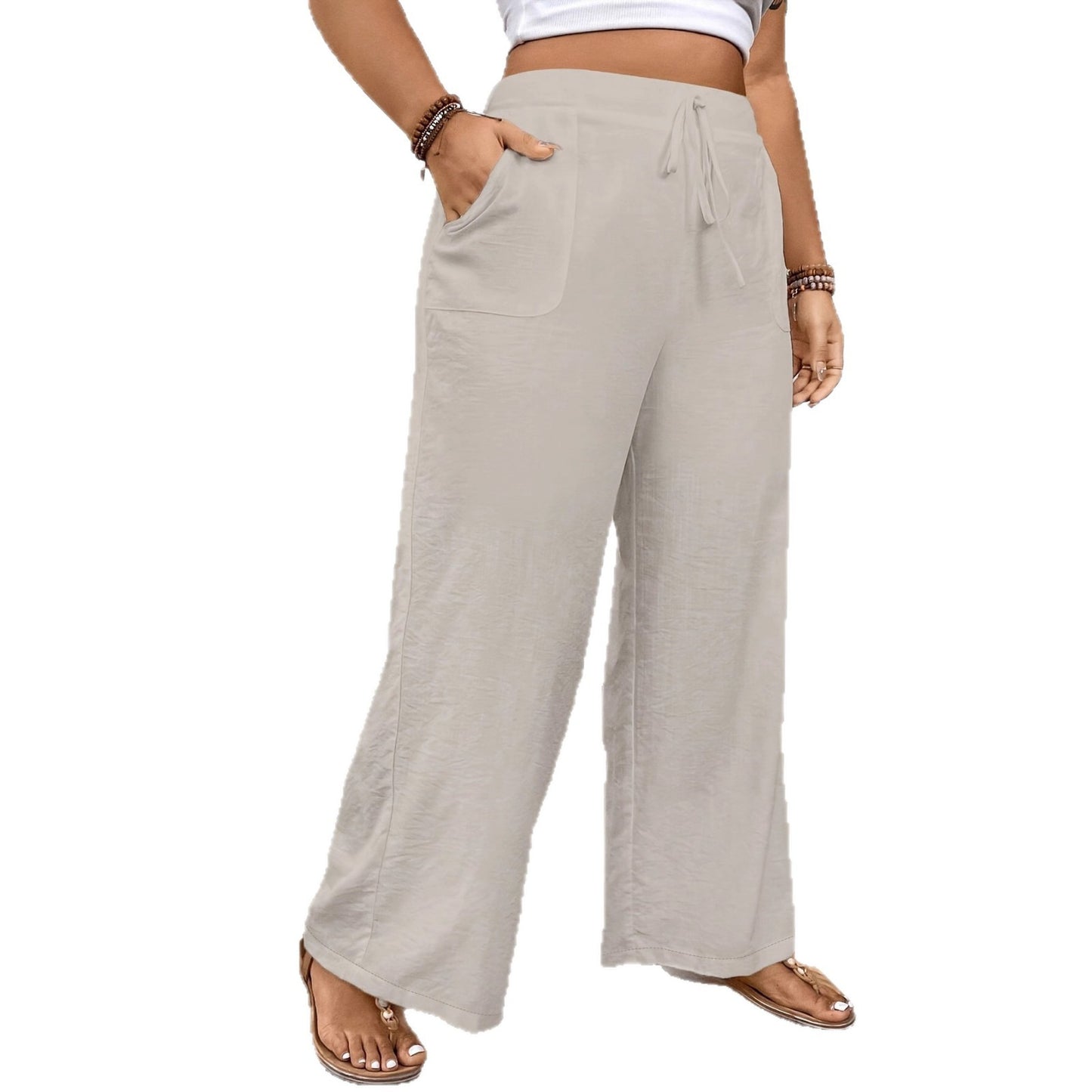 Drawstring Wide Leg Pocket Trousers Loose Women