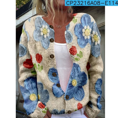 New Women's Autumn And Winter Style Loose 3D Printed Knitted Cardigan Sweater