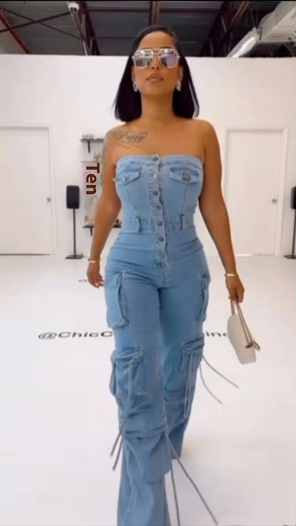 Tube Top Multi-pocket Workwear Jumpsuit Multi-button