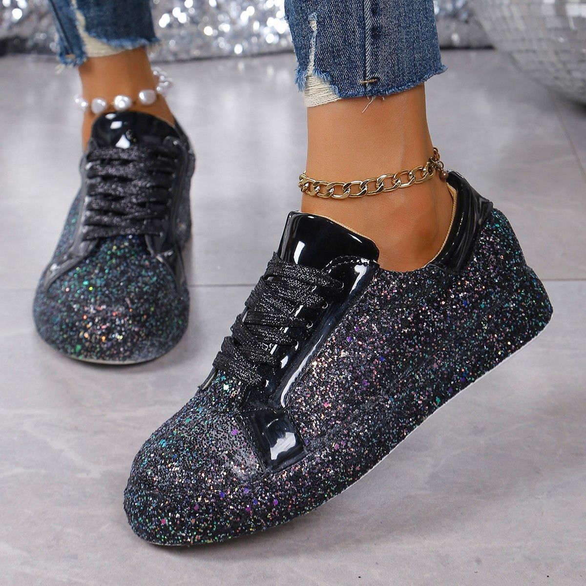 Plus Size Sequins Casual Fashion Shoes Women Front Lace Up Sneaker Women