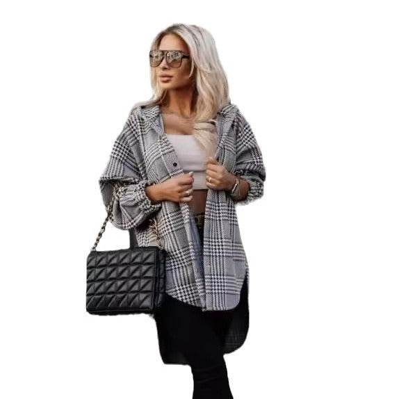 Plaid Hooded Side Slit Personality Street Coat