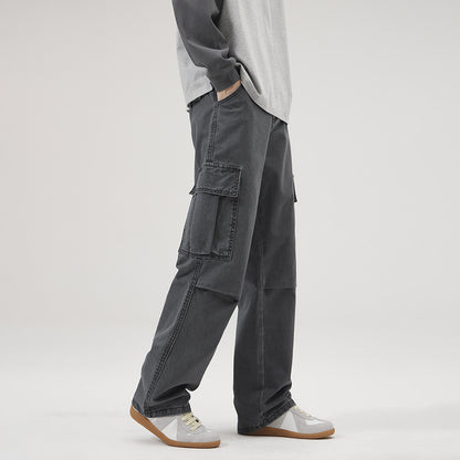 Men's Clothing Retro Washed Stonewashed Pure Cotton Casual Pants Straight Loose