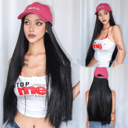 Long Black Straight Hair Hat Removable Natural High-temperature Fiber Wig