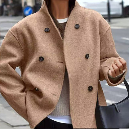 Women's Casual Double Breasted Solid Color Woolen Overcoat Coat