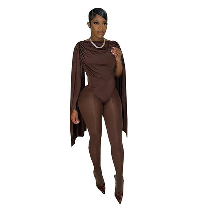 Solid Color Casual Slim-fitting Patchwork Long Sleeve Open Arm Mesh Long Conjoined Trousers