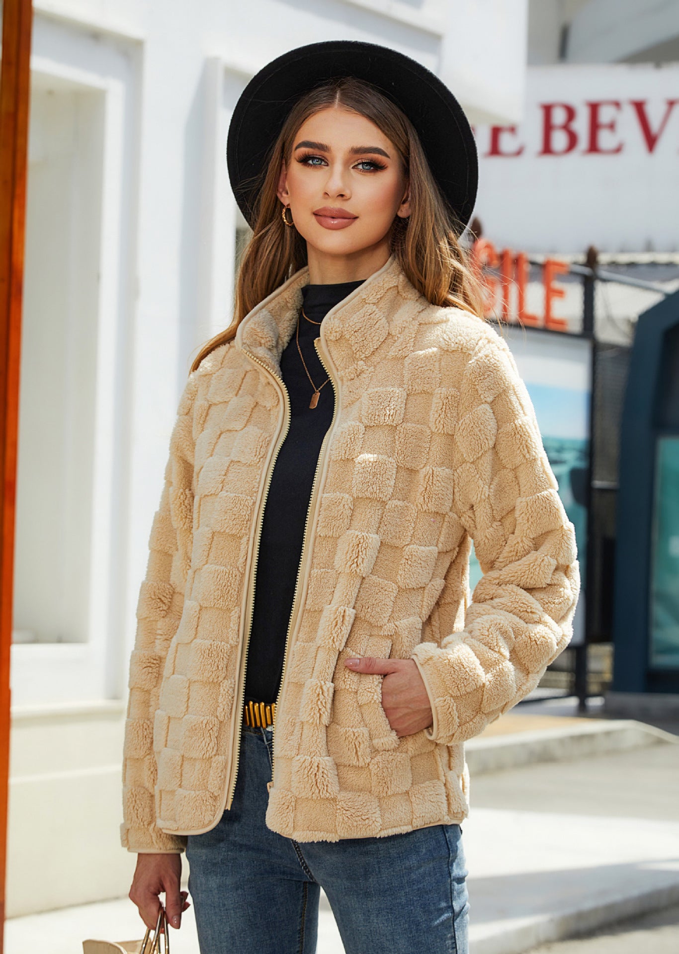Loose Solid Color Plaid Plush Coat