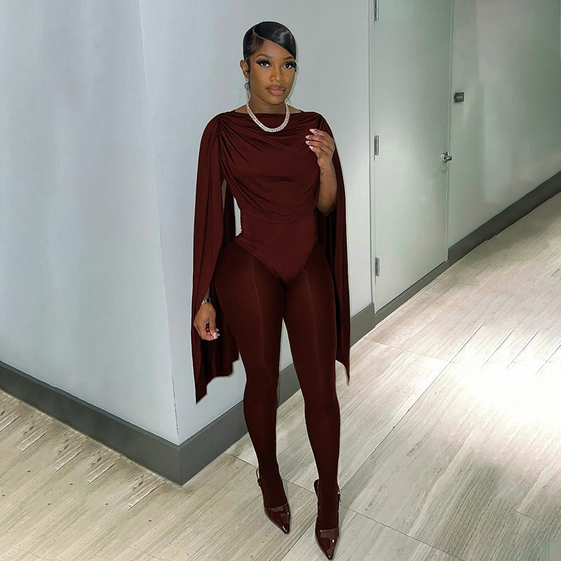 Solid Color Casual Slim-fitting Patchwork Long Sleeve Open Arm Mesh Long Conjoined Trousers