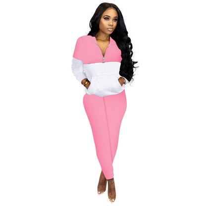 Women's Fashion Casual Solid Color Stitching Long-sleeved Trousers Two-piece Set