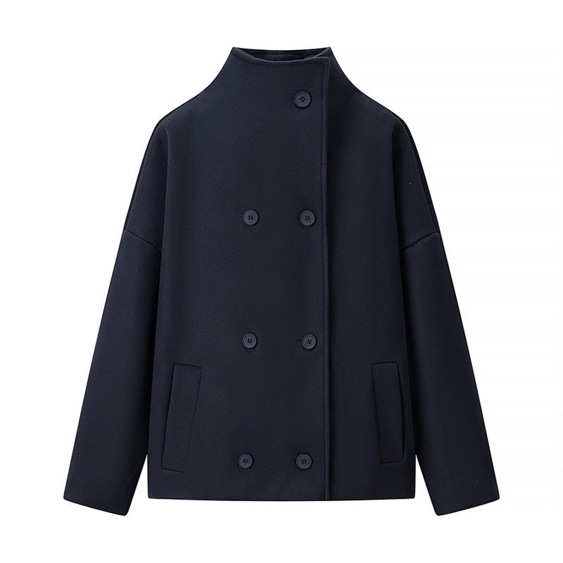 Short Stand Collar Breasted Woolen Coat