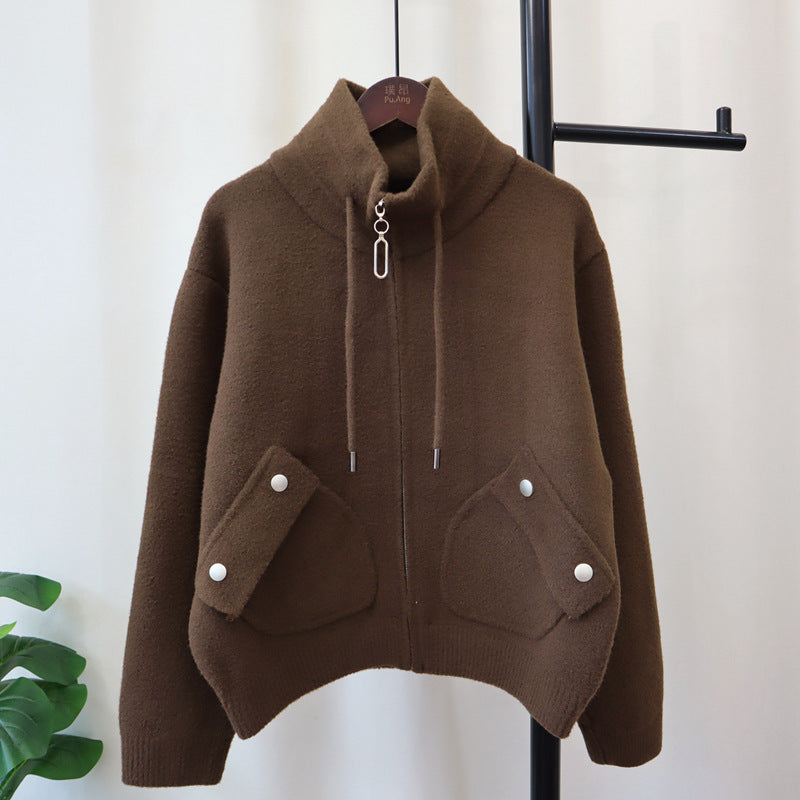 Loose Versatile Zipper Knitted Double-faced Woolen Goods Solid Color Coat For Women