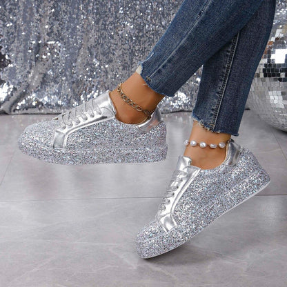 Plus Size Sequins Casual Fashion Shoes Women Front Lace Up Sneaker Women