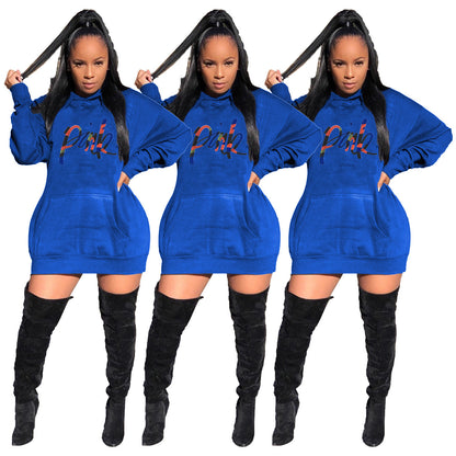 Casual Solid Color Embroidered Letter Bat Sleeve Hooded Dress