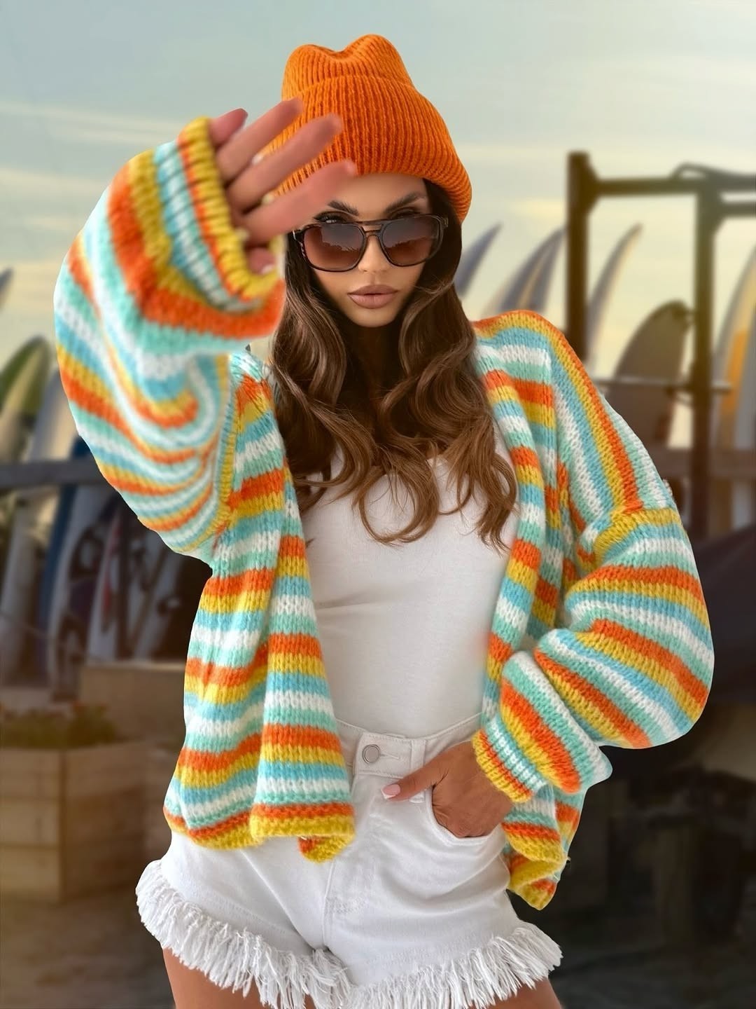 Rainbow Striped Sweaters Round Neck Long Sleeve Loose