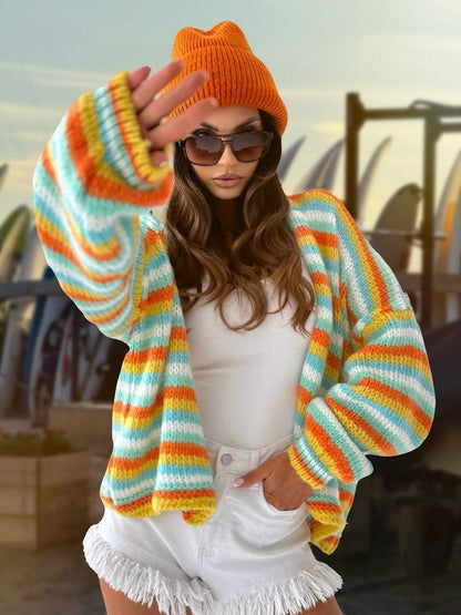 Rainbow Striped Sweaters Round Neck Long Sleeve Loose