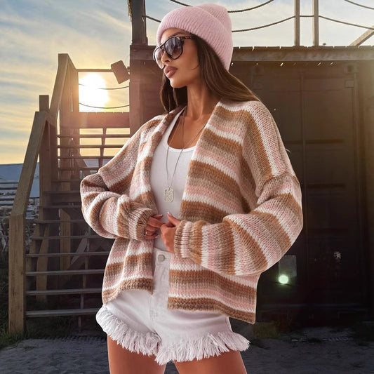 Rainbow Striped Sweaters Round Neck Long Sleeve Loose