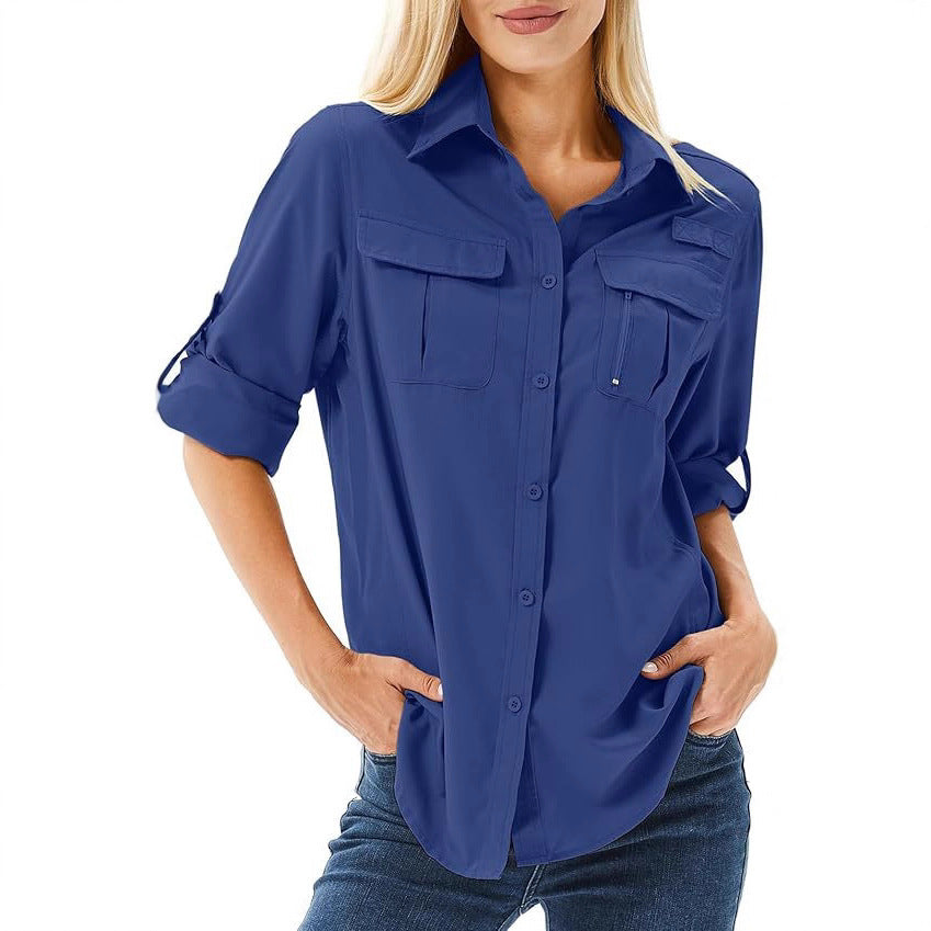 Casual Quick-drying Stretch Zipper And Lapel Pocket Women's Shirt