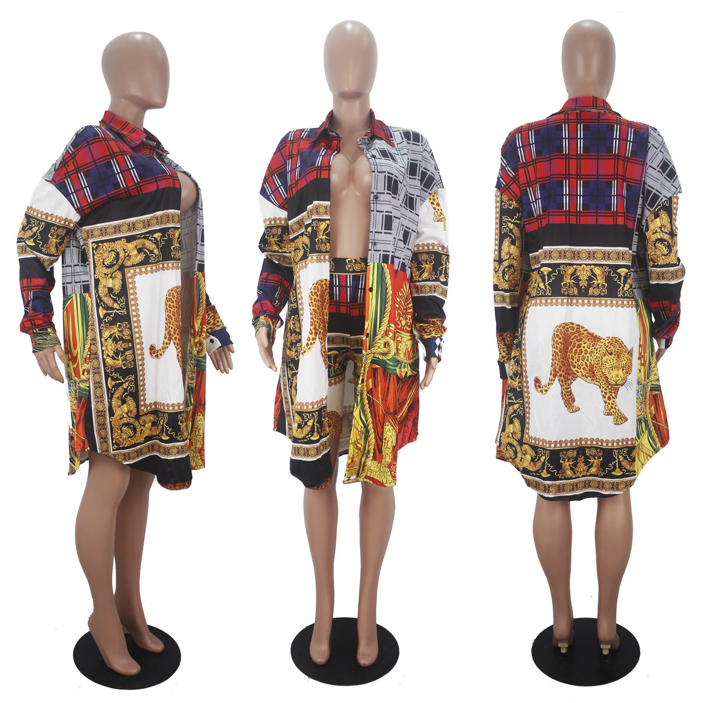 Women's Fashion Casual Contrast Color Pattern Printed Shirt Skirt Shorts Suit