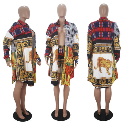 Women's Fashion Casual Contrast Color Pattern Printed Shirt Skirt Shorts Suit