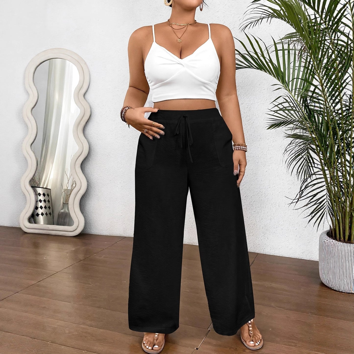 Drawstring Wide Leg Pocket Trousers Loose Women