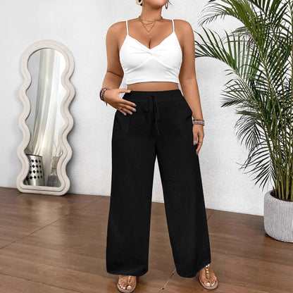 Drawstring Wide Leg Pocket Trousers Loose Women