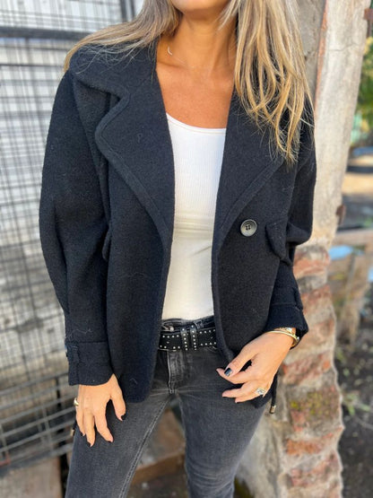 Women's Solid Color Casual Woolen Lapel Button Faux Pocket Coat