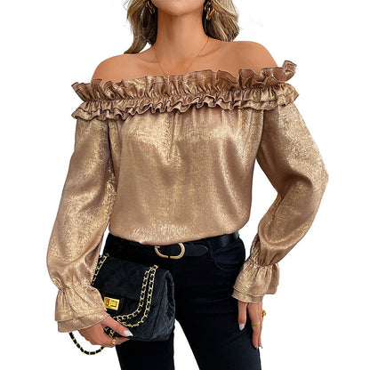 Off-shoulder Long Sleeve Golden Shirt For Women Autumn