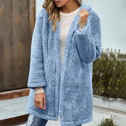 Pine Plush Hooded Cardigan Mid-length Coat Women