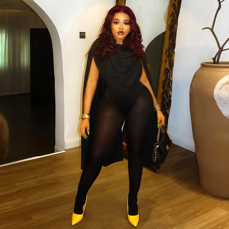 Solid Color Casual Slim-fitting Patchwork Long Sleeve Open Arm Mesh Long Conjoined Trousers